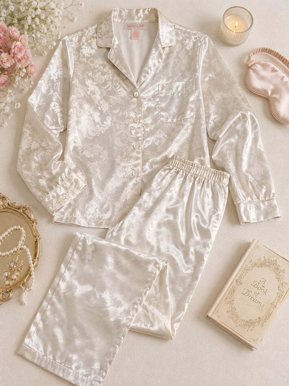 Vintage Sleep Club Satin Pajama Set Floral Button Up Lounge Set Size L